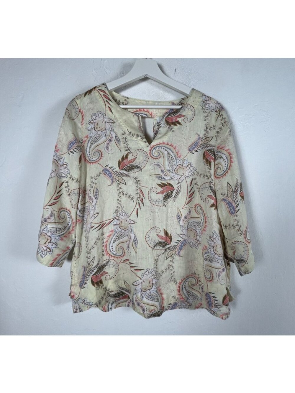 J. Jill Love Linen Womens Yellow Paisley Floral Split V-Neck Top Blouse